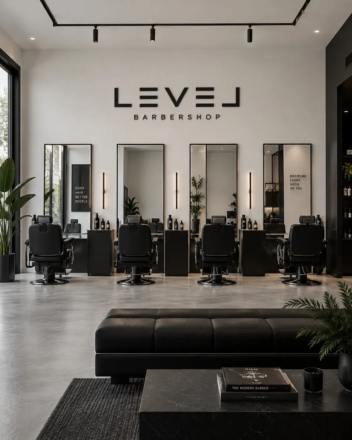 Ред от черни бръснарски столове под надписа LEVEL BARBERSHOP на бялата стена.